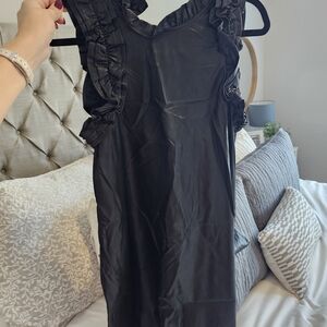 TCEC Faux Leather Black Ruffled Sleeveless Dress